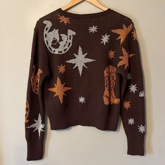 New! Western Metallic Cowboy Sweater Cropped Brown Size Small - Picture 4 of 9